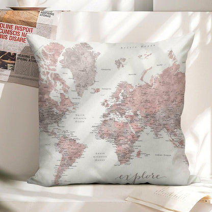 Explore - Dusty Pink And Grey Watercolor World Map, Detailed Linen Throw Pillow Cover