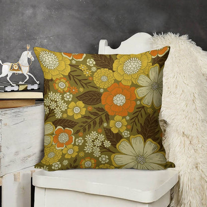 1970s RetroVintage Floral Pattern Linen Throw Pillow Cover