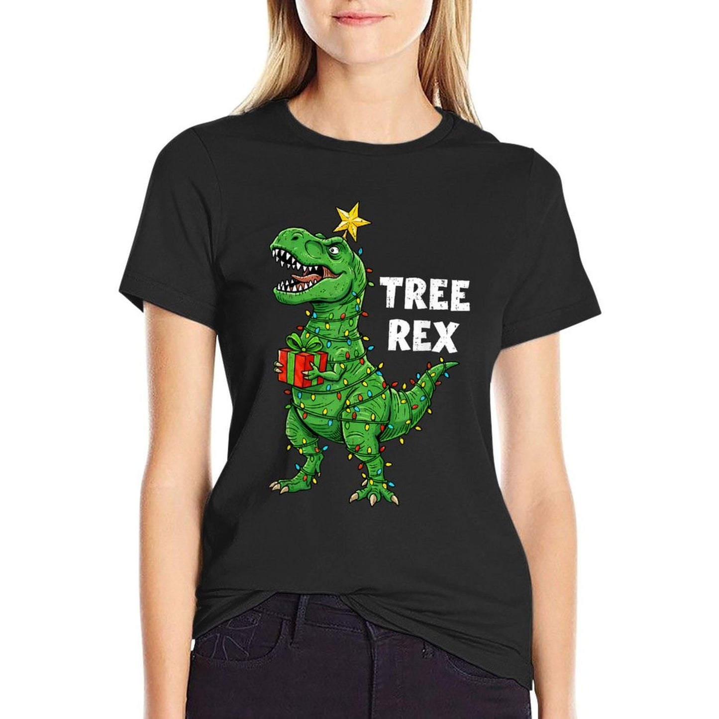 Funny Christmas Dinosaur Tree Rex Dino Santa Xmas Lights  Lightweight T-Shirt