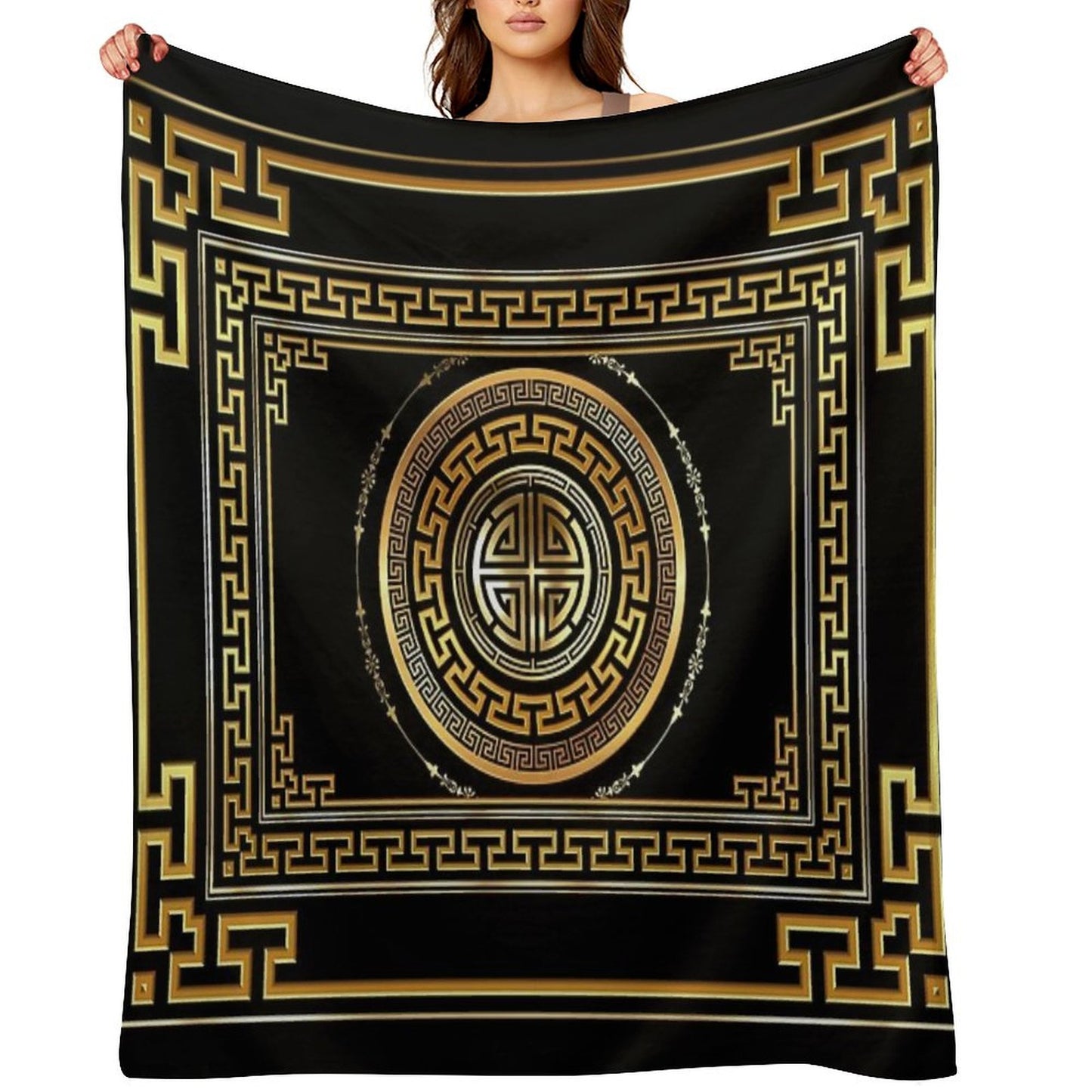 Greek Key Meander Black Gold Large Throw Blanket