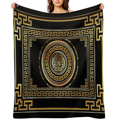 Greek Key Meander Black Gold Large Throw Blanket