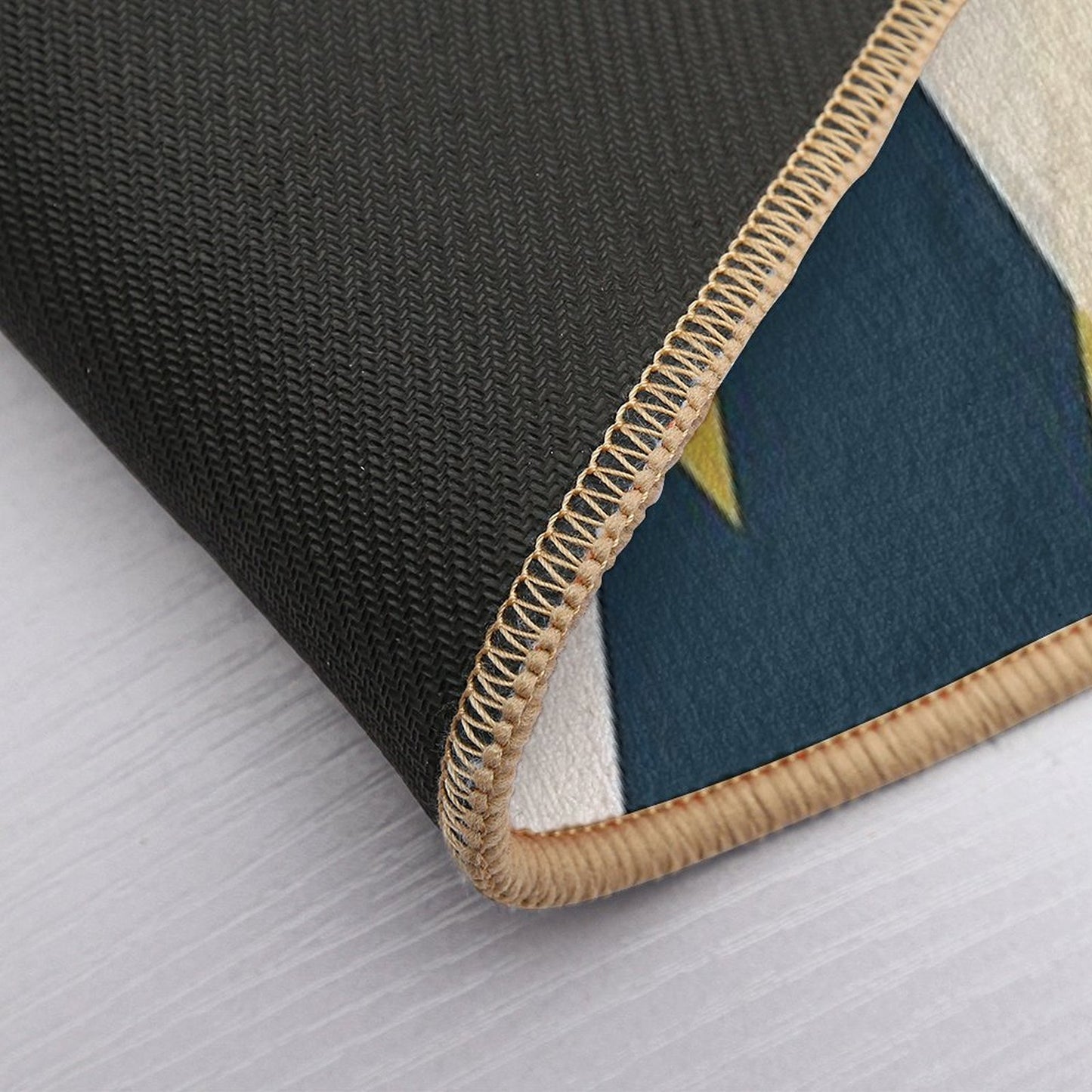 Triangular Abstract in Mustard Yellows, Navy Blue, And Blush Tones. Minimalist Geometric Bath Mat