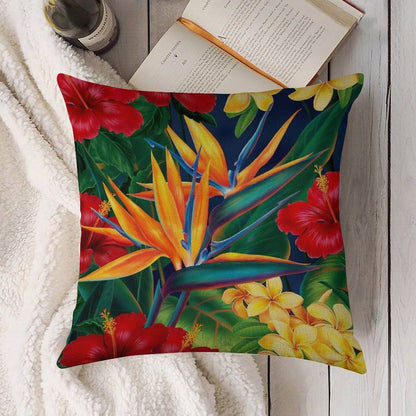 Tropical Paradise Hawaiian Birds of Paradise Illustration Linen Throw Pillow Cover
