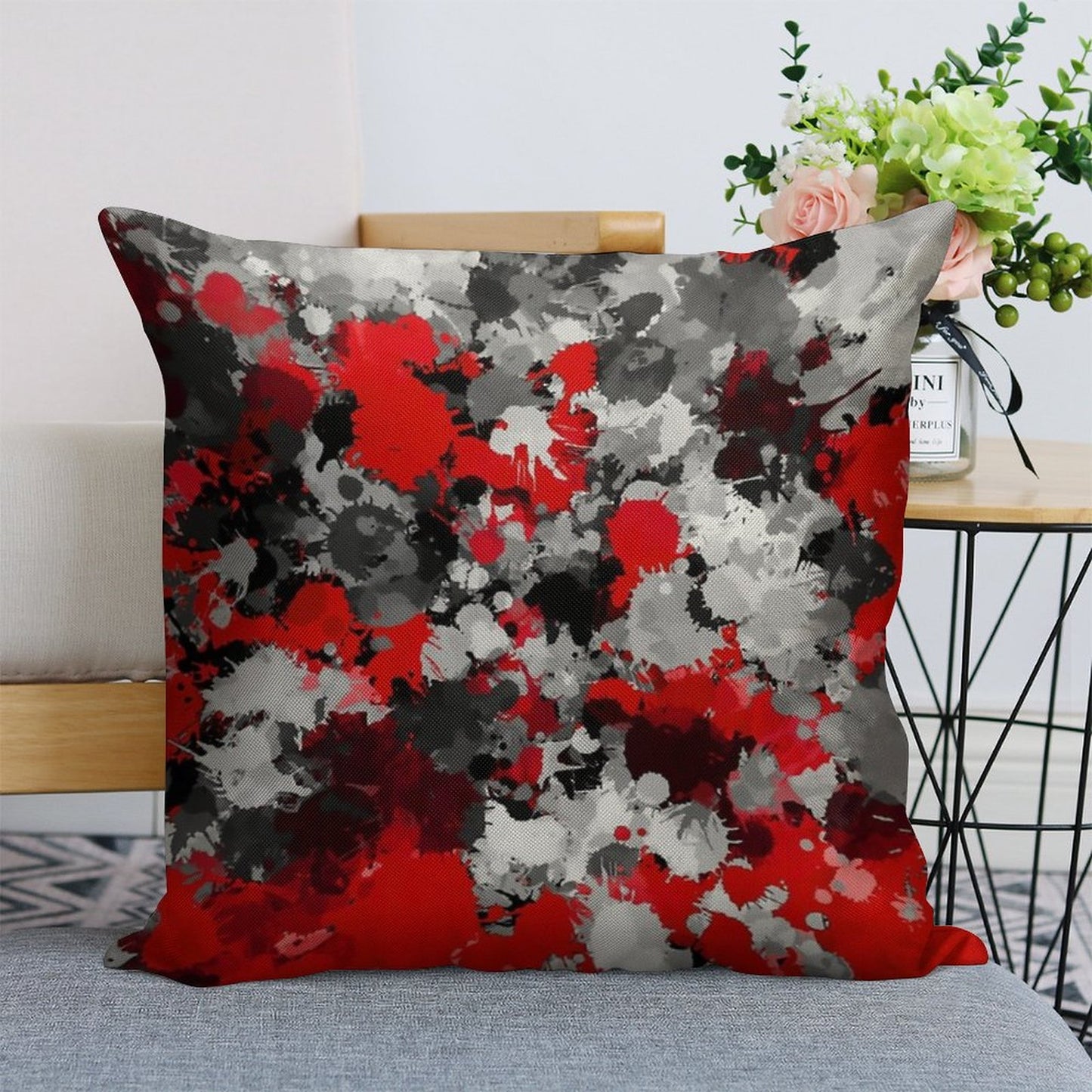 Red And Grey Paint Splatter Linen Throw Pillow Cover