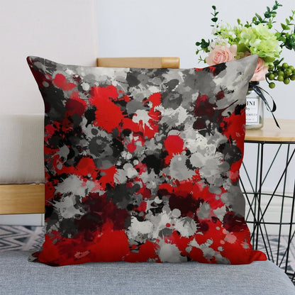 Red And Grey Paint Splatter Linen Throw Pillow Cover