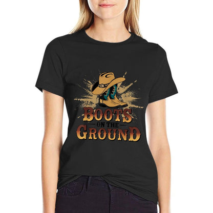 Boots On The Ground Western Cowboy Rodeo Country  Ribbed Collar T-Shirt