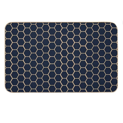 Geometric Light Yellow And Dark Blue Honeycomb Pattern Bath Mat