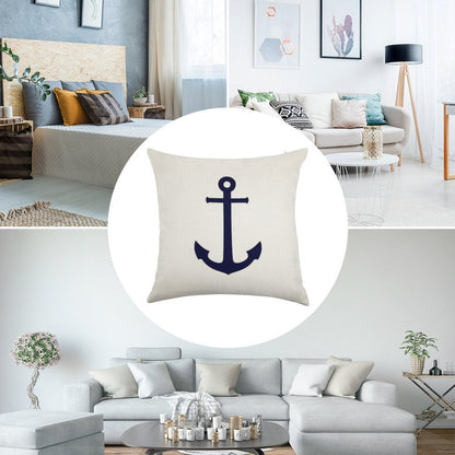 Navy Blue Anchor On White Linen Throw Pillow Cover