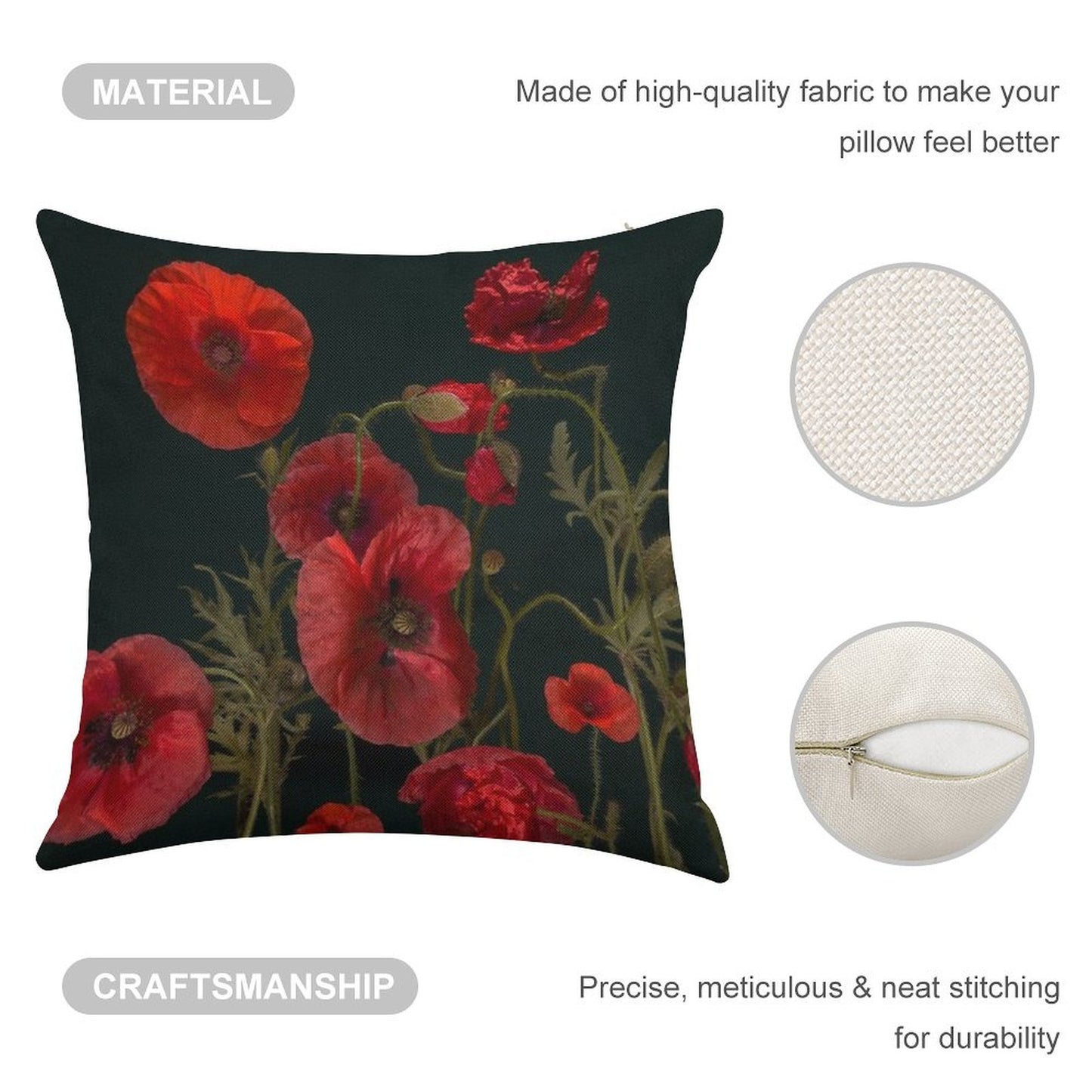 Red Poppies On Black Linen Throw Pillow Cover