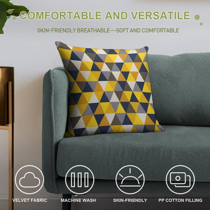 Grey, Blue And Mustard Yellow Geometric Soft Short Plush Fabric Throw Pillow