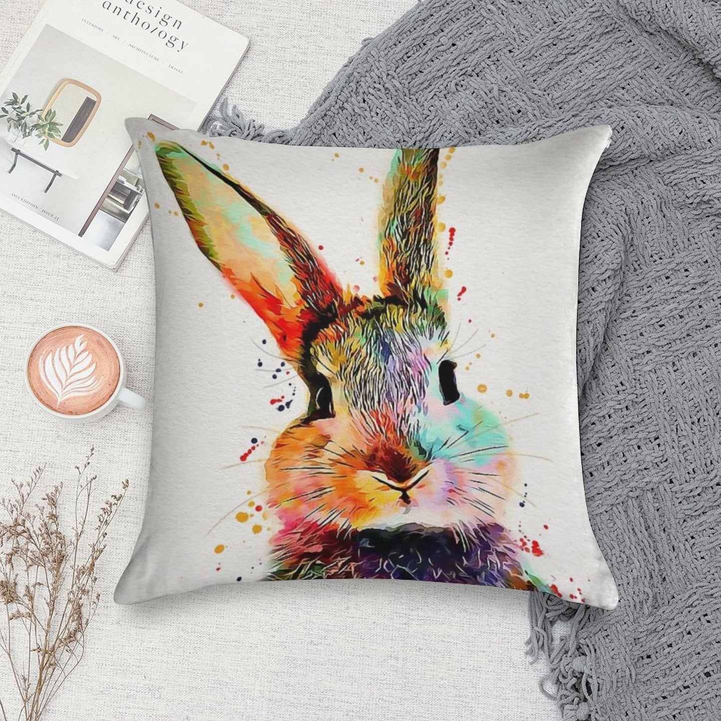 Rabbit Watercolor Art Work Soft Warmth Comfort Throw Pillow