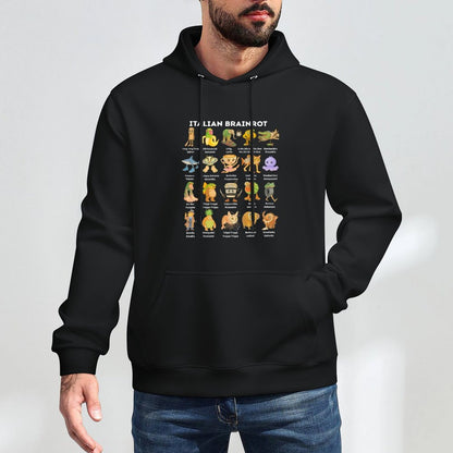 Types of Italian Brainrot Meme Character Hand Drawn for Kids Adjustable Hood Hoodie