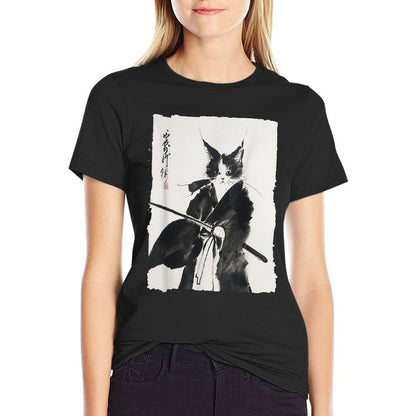 Samurai Cat Vintage Ukiyo-e Warrior Art Graphic Cat Art  Easy-care T-Shirt