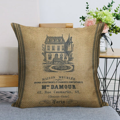 Vintage Burlap French House Design Linen Throw Pillow Cover