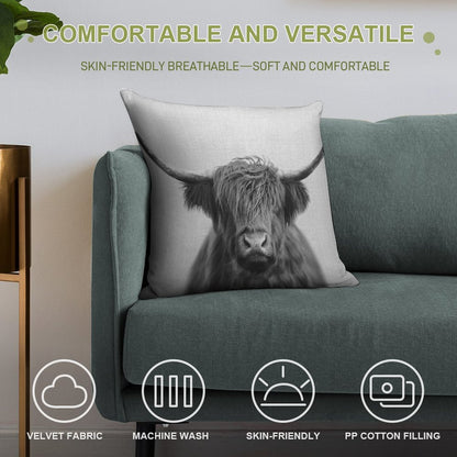 Highland Cow - Black & White Soft Ultra-Soft Texture Throw Pillow