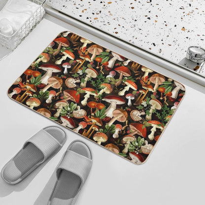 Vintage Red Mushrooms Forest Botanical Night Garden Pattern - Black  NightGarden Bath Mat