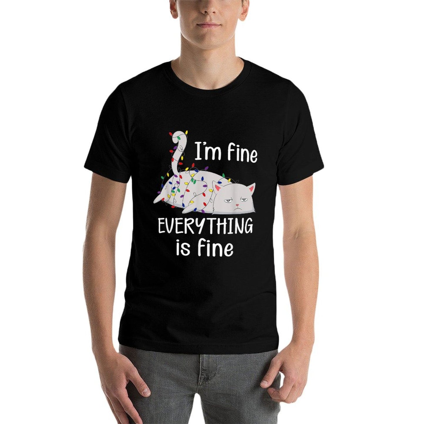 Im Fine Everything Is Fine Christmas Lights Funny Cat Lover  Durable T-Shirt