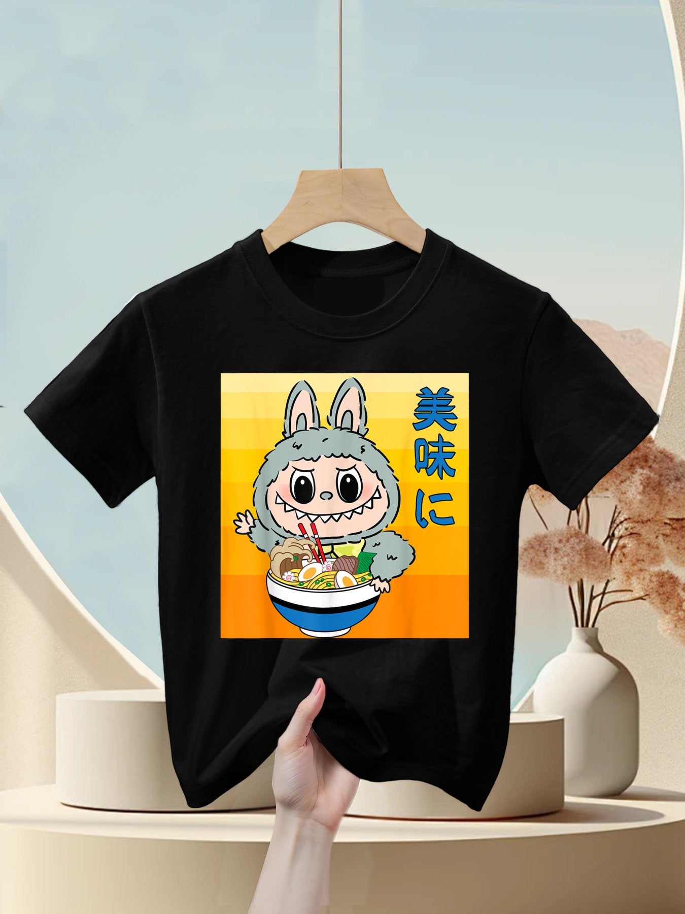 Funny Labubu Eating Ramen Japanese Monster Lover Birthday Kids T-Shirt