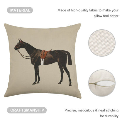 Vintage Equestrian Saddled Riding Horse Linen Throw Pillow Cover