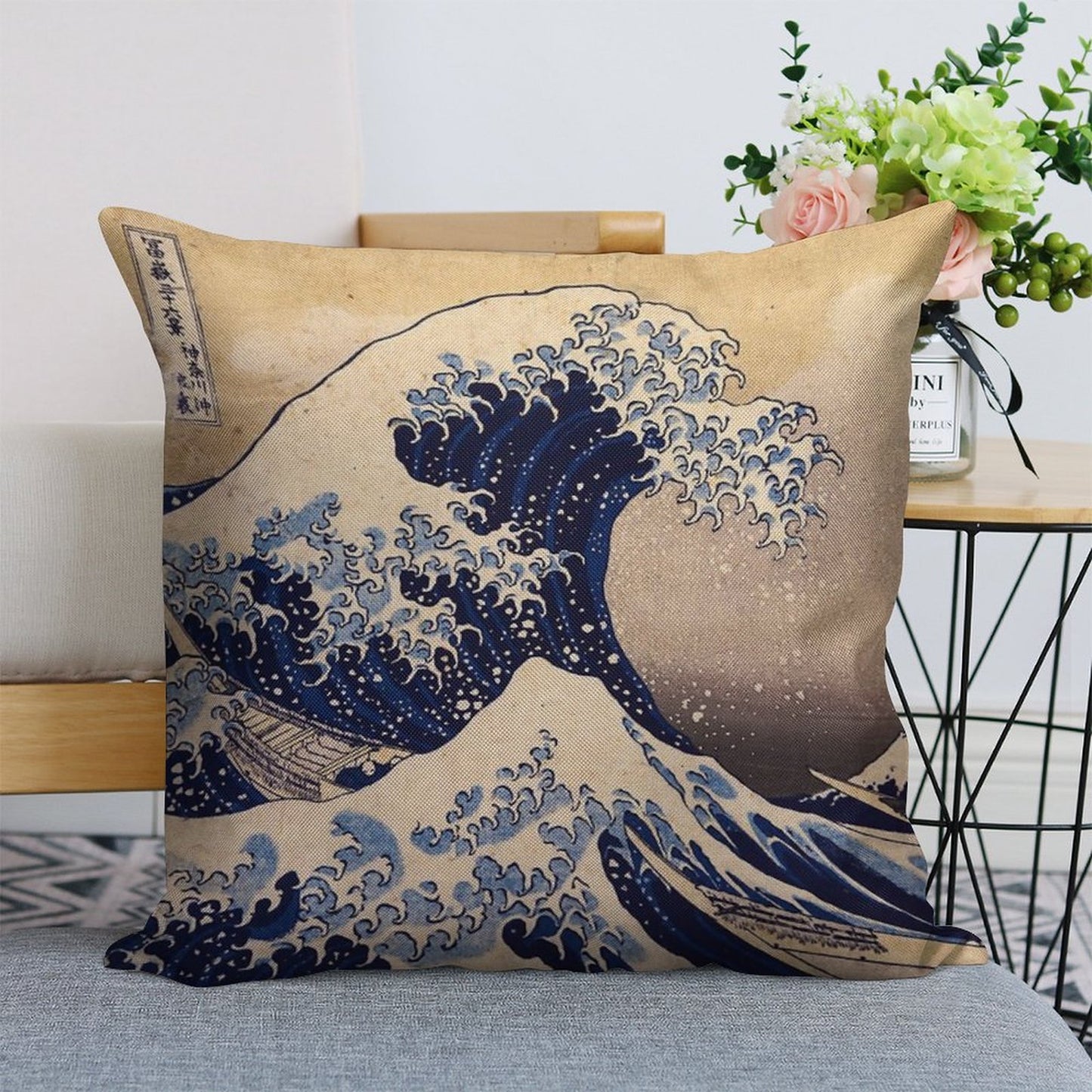 The Great Wave Off Kanagawa by Katsushika Hokusai (c 1830-1833) Linen Throw Pillow Cover