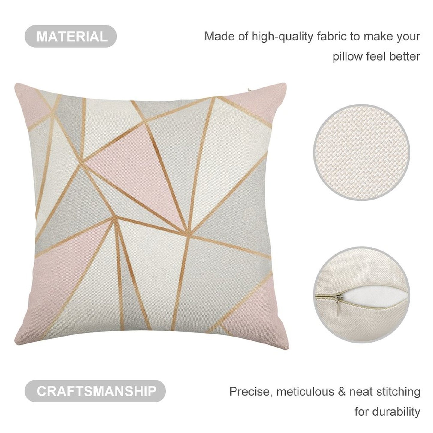 Pink, Grey & Gold Geo Linen Throw Pillow Cover