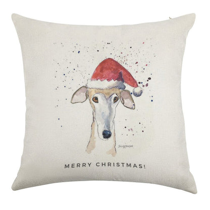 Galgo Espanol Christmas Hat Card, Brindle Greyhound Art Linen Throw Pillow Cover