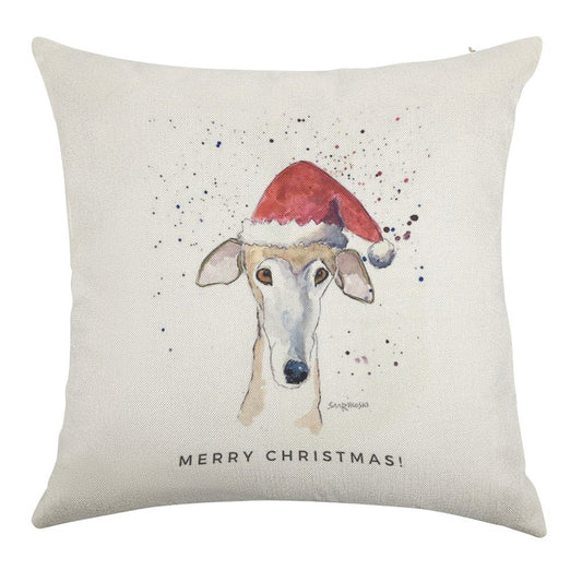 Galgo Espanol Christmas Hat Card, Brindle Greyhound Art Linen Throw Pillow Cover