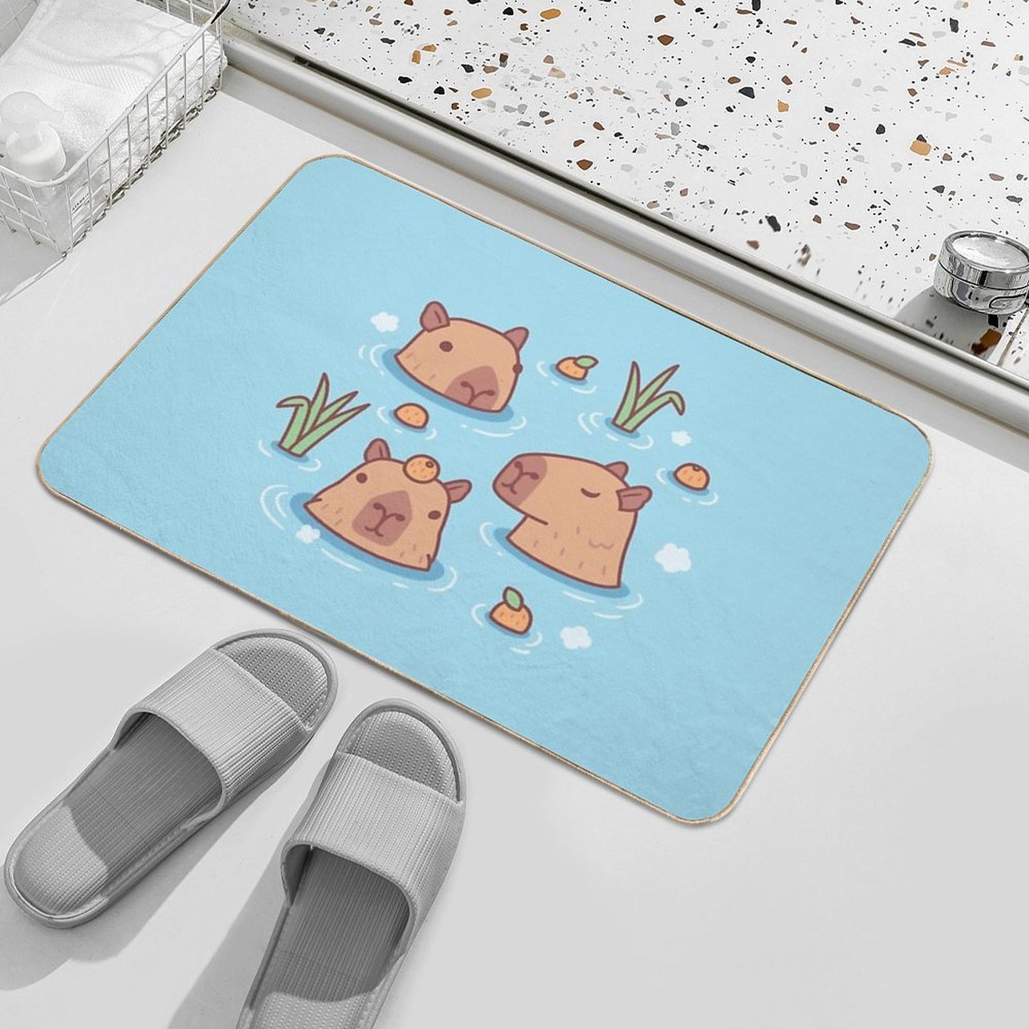 Cute Capybaras Chilling in Hot Spring With Oranges Bath Mat