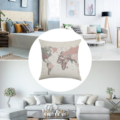 Map of The World in Pink And Green Linen Throw Pillow Cover