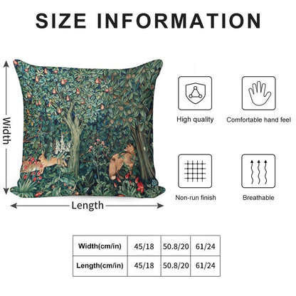 GREENERY, FOREST ANIMALS Fox And Hares Blue Green Floral Tapestry Soft Shrink-Resistant Throw Pillow