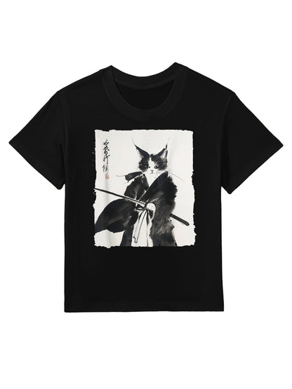 Samurai Cat Vintage Ukiyo-e Warrior Art Graphic Cat Art Kids T-Shirt