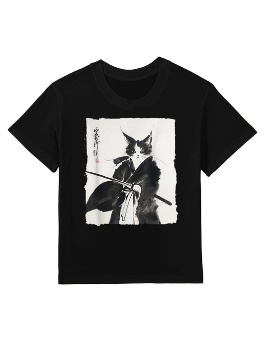 Samurai Cat Vintage Ukiyo-e Warrior Art Graphic Cat Art Kids T-Shirt