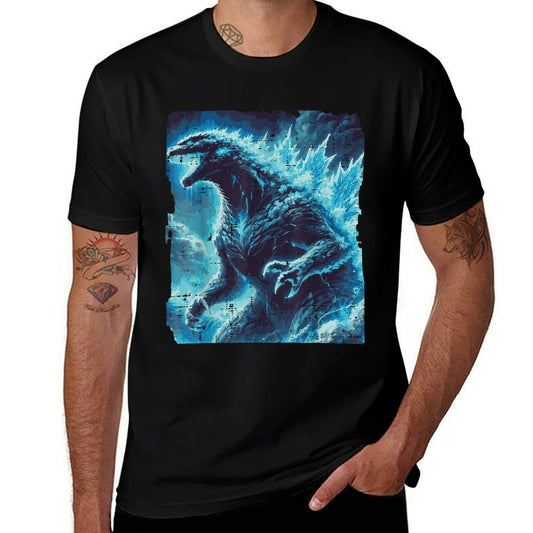 Japanese Blue Kaiju Monster Art Men Boys Kids Youthns  Rolled Sleeves T-Shirt