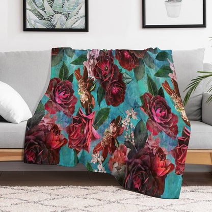 Turquoise Vintage Summer Roses Botanical Garden NightGarden Throw Blanket