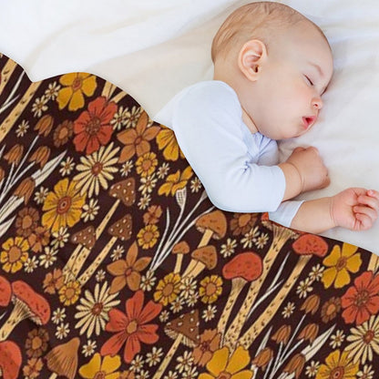 Retro 1970s Brown & Orange Mushrooms & Flowers Throw Blanket
