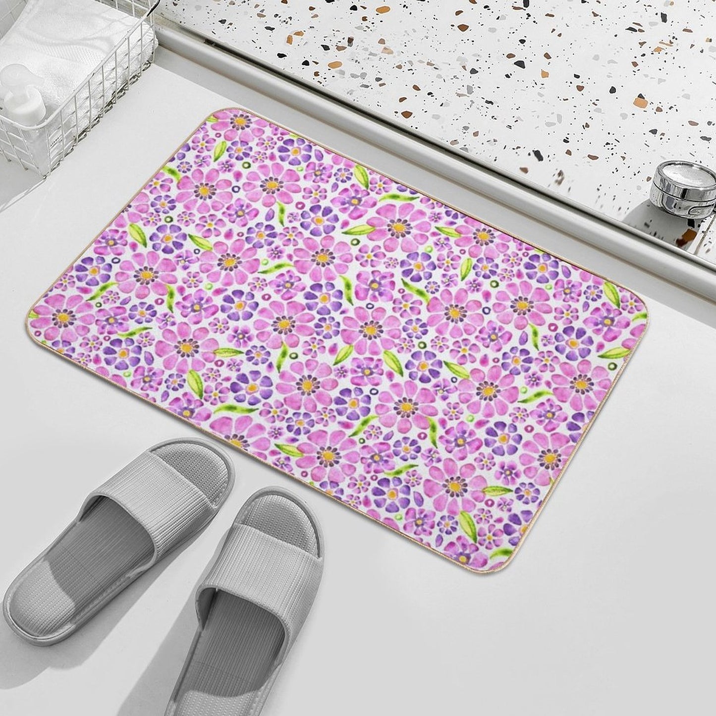 Gerbera Daisy Watercolor- Pink Purple  Dirt-Trapping Bath Mat