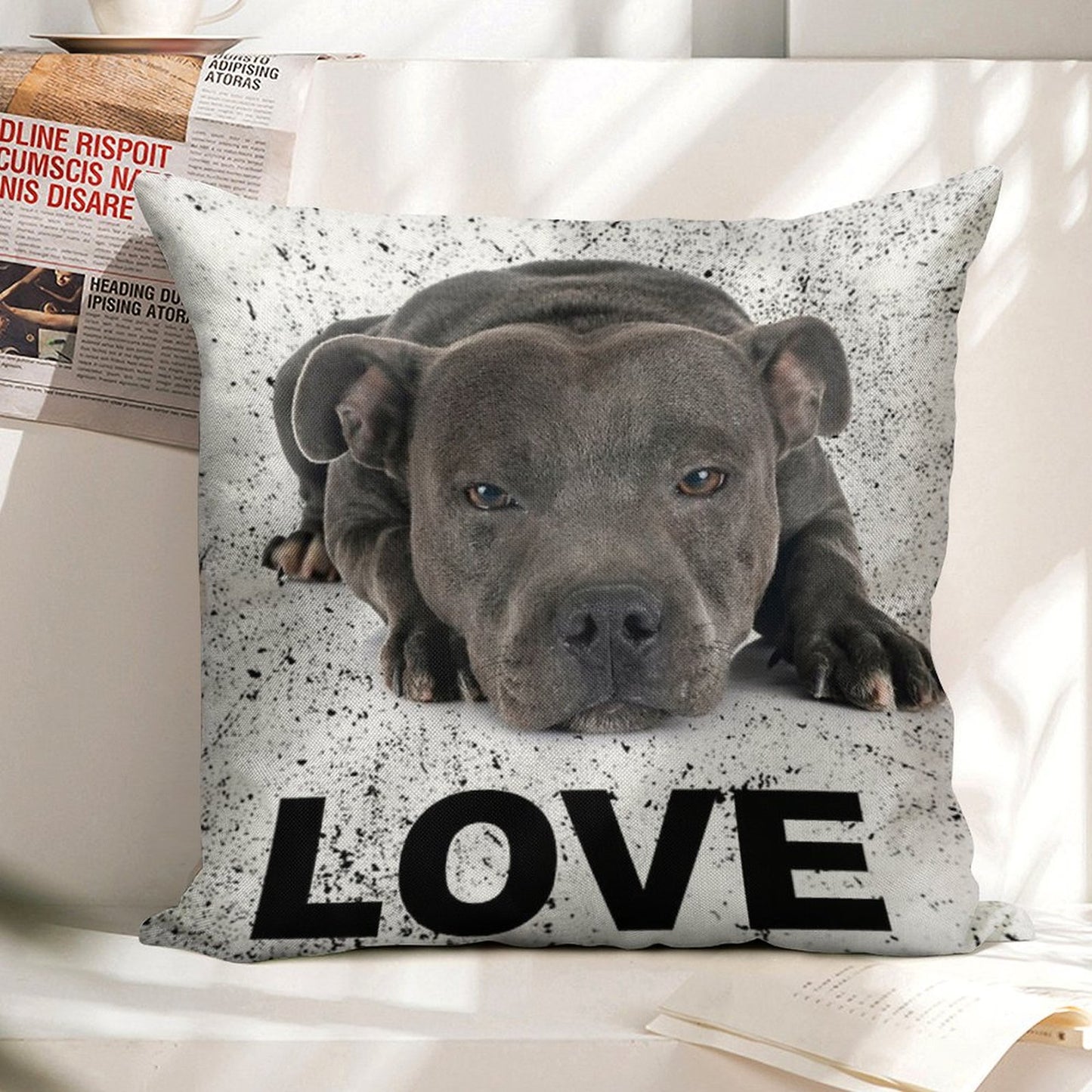 Love Is 4 Paws & Waggy Tail Blue Staffordshire Bull Terrier Linen Throw Pillow Cover