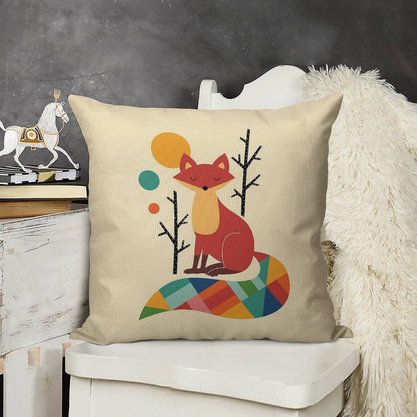 Rainbow Fox Linen Throw Pillow Cover