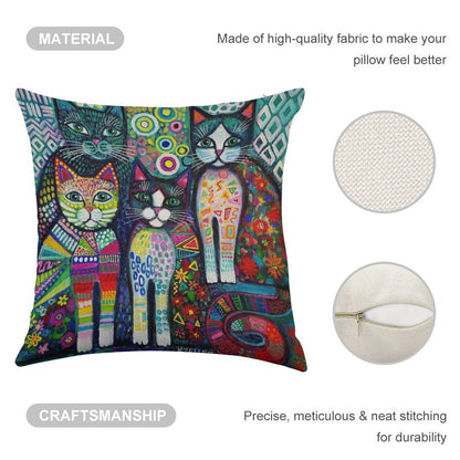 Quirky Cats Linen Throw Pillow Cover