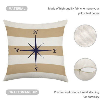 Nautical Navy Blue Compass On Tropical Tan And White Stripes Linen Throw Pillow Cover