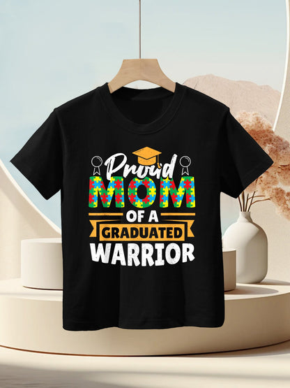 Proud Mom Of A Graduated Warrior Autism Awareness Graduation Kids T-Shirt