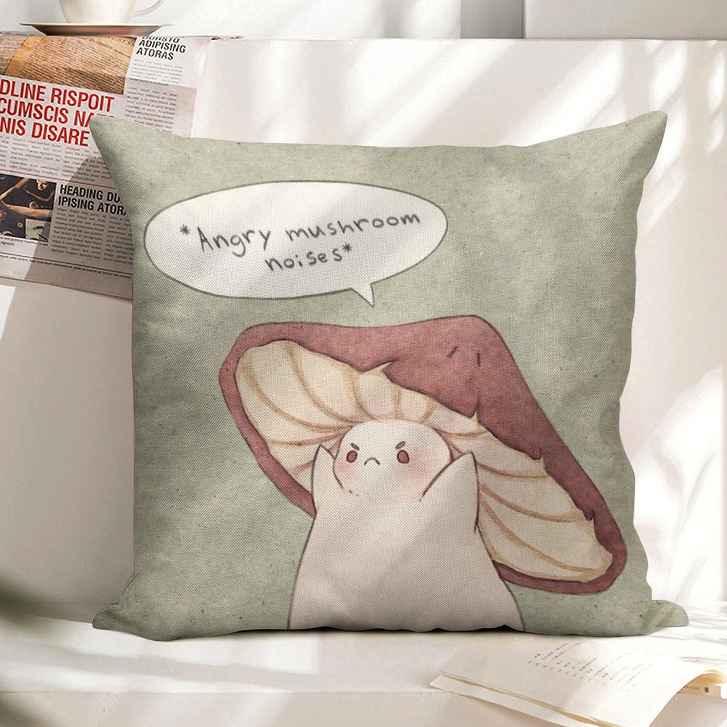 Grumpy Mushroom Linen Throw Pillow Cover
