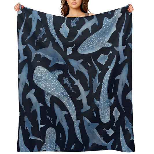 Monochrome Blue Watercolour Shark Ocean on Black Throw Blanket