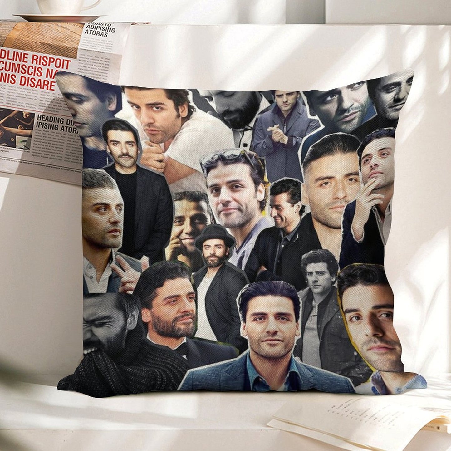 Oscar Isaac Collage Linen Throw Pillow Cover