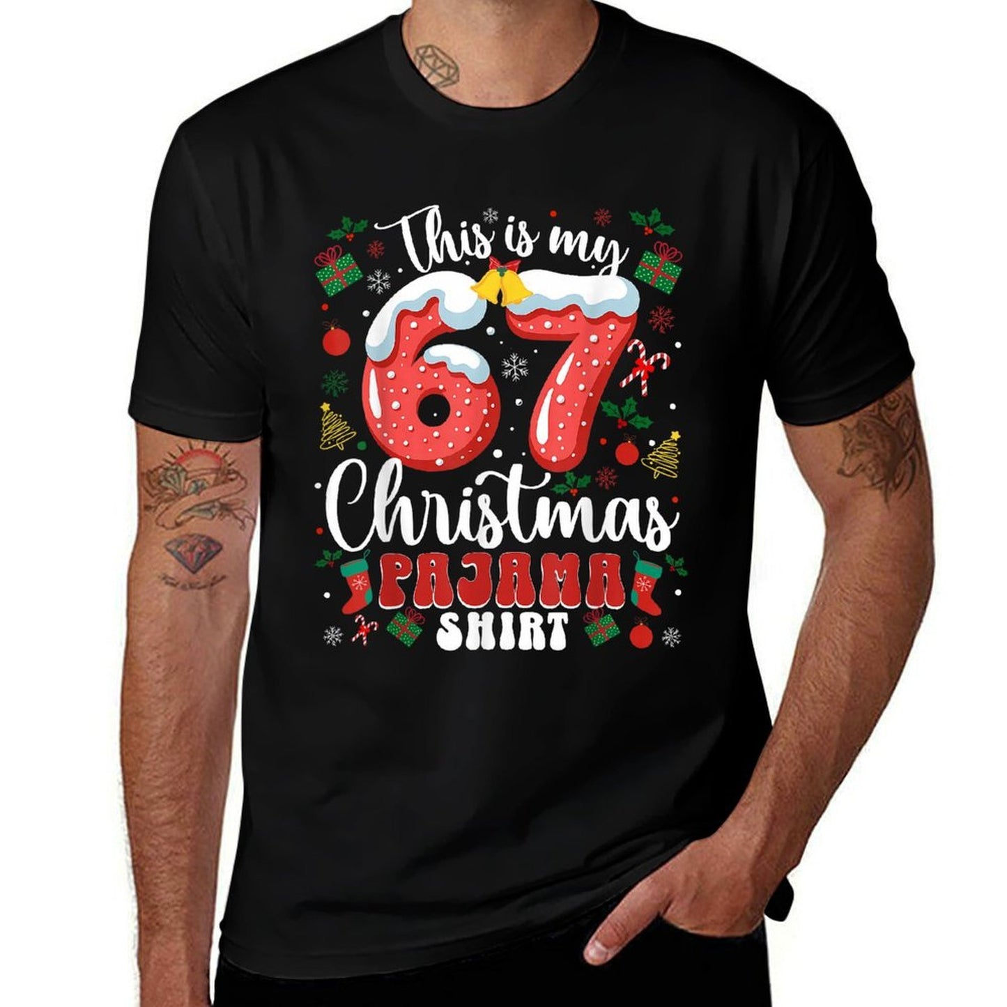 Funny 67 Christmas Pajamas Six Seven Meme Brainrot  Polyester Blend T-Shirt