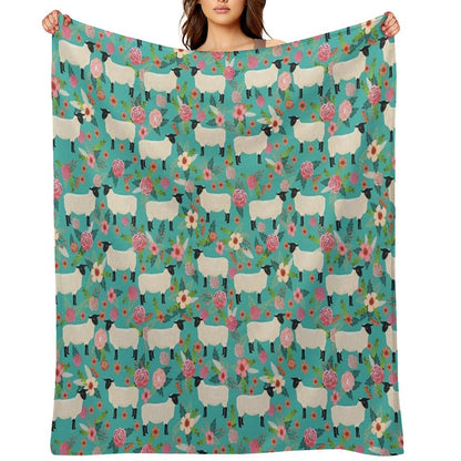 Sheep Farm Sanctuary Florals Pattern Cute Gifts for Animal Lovers Throw Blanket