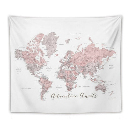 World Map Adventure Awaits in Dusty Pink And Grey Tapestry