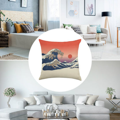The Great Wave of Shiba Inu Linen Throw Pillow Cover