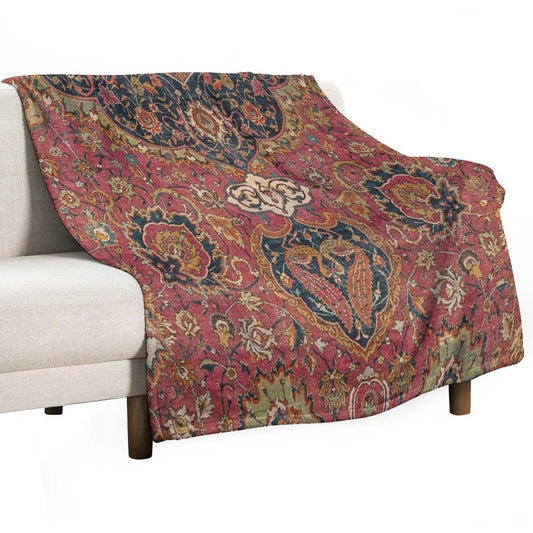 Persian Medallion Rug VIII  16th Century Distressed Red Green Blue Flowery Colorful Ornate Pattern Throw Blanket