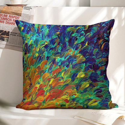 FOLLOW THE CURRENT 1, Bold Colorful Abstract Acrylic Painting Ocean Waves Blue Orange Splash Ombre Fine Art Linen Throw Pillow Cover